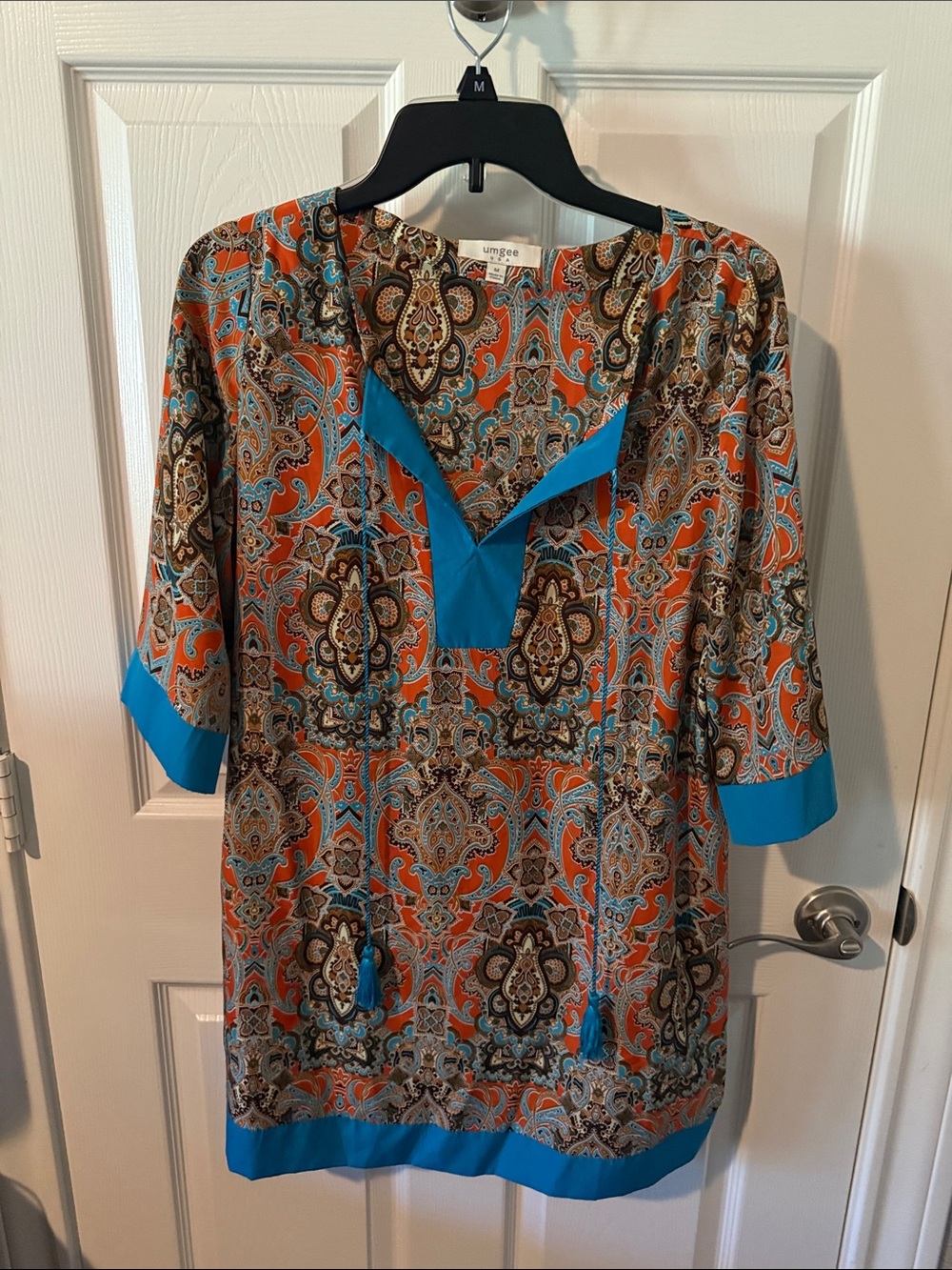 Umgee Orange Paisley Tunic Dress with Turquoise Trim